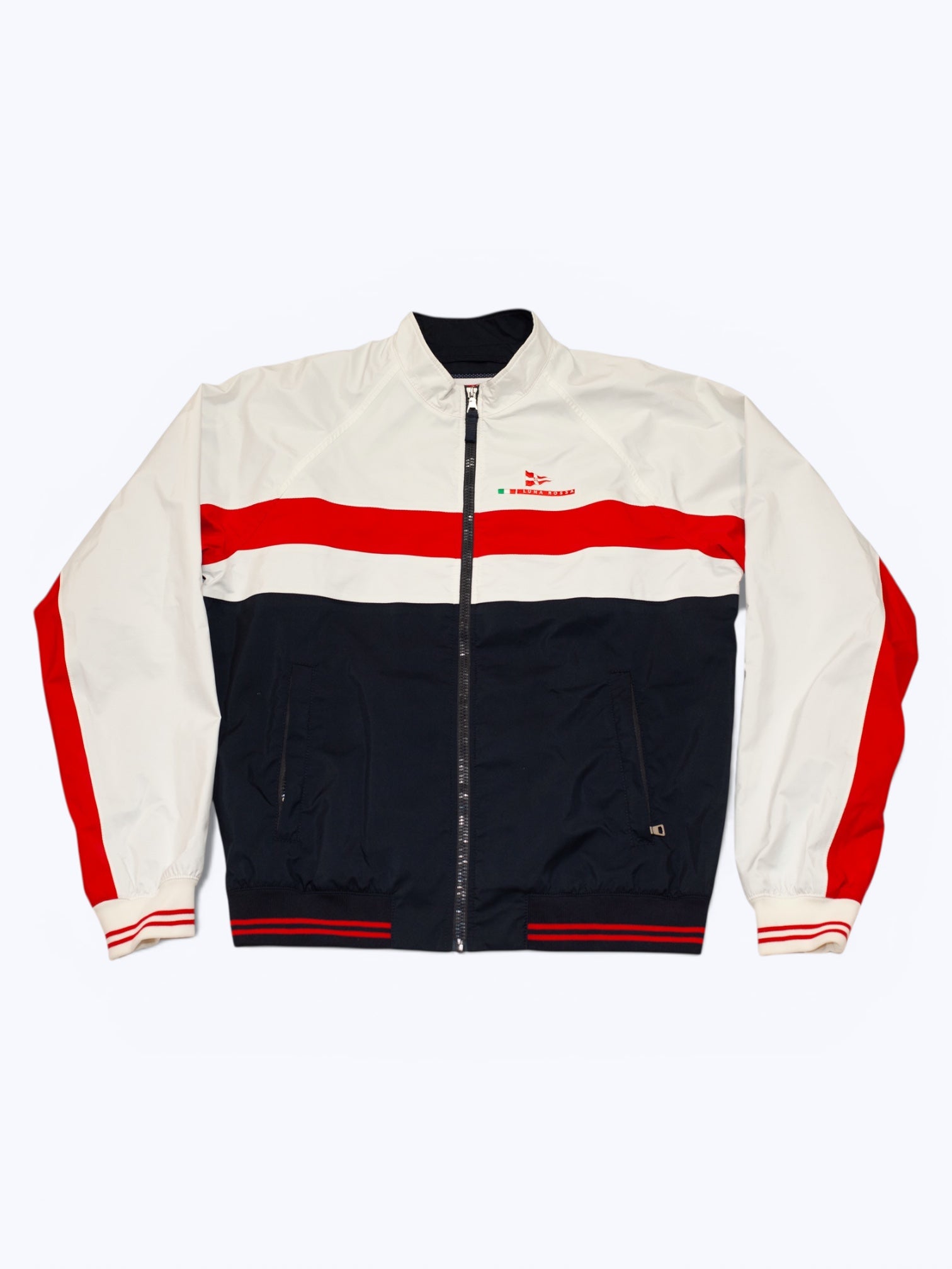 Two-tone jacket with red and black stripes on a white background