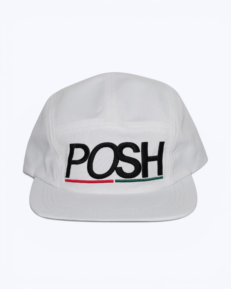 White cap with 'POSH' logo on a white background