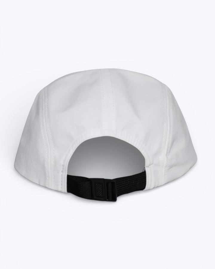 White cap with a black strap on a white background