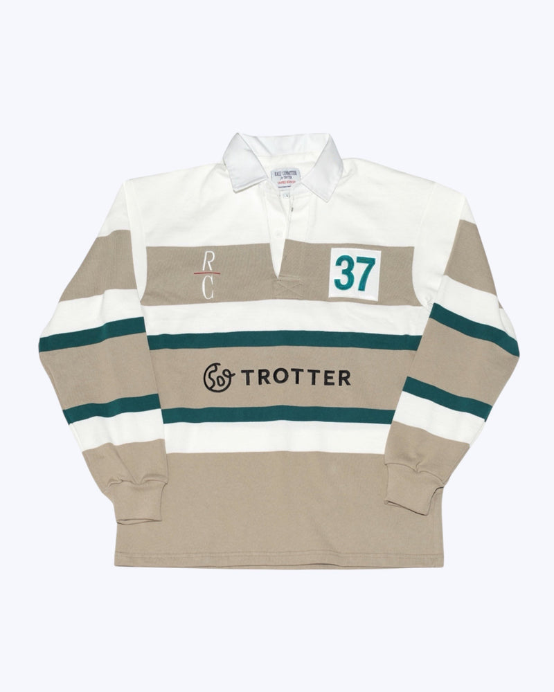 Rugby shirt with stripes and branding on a white background