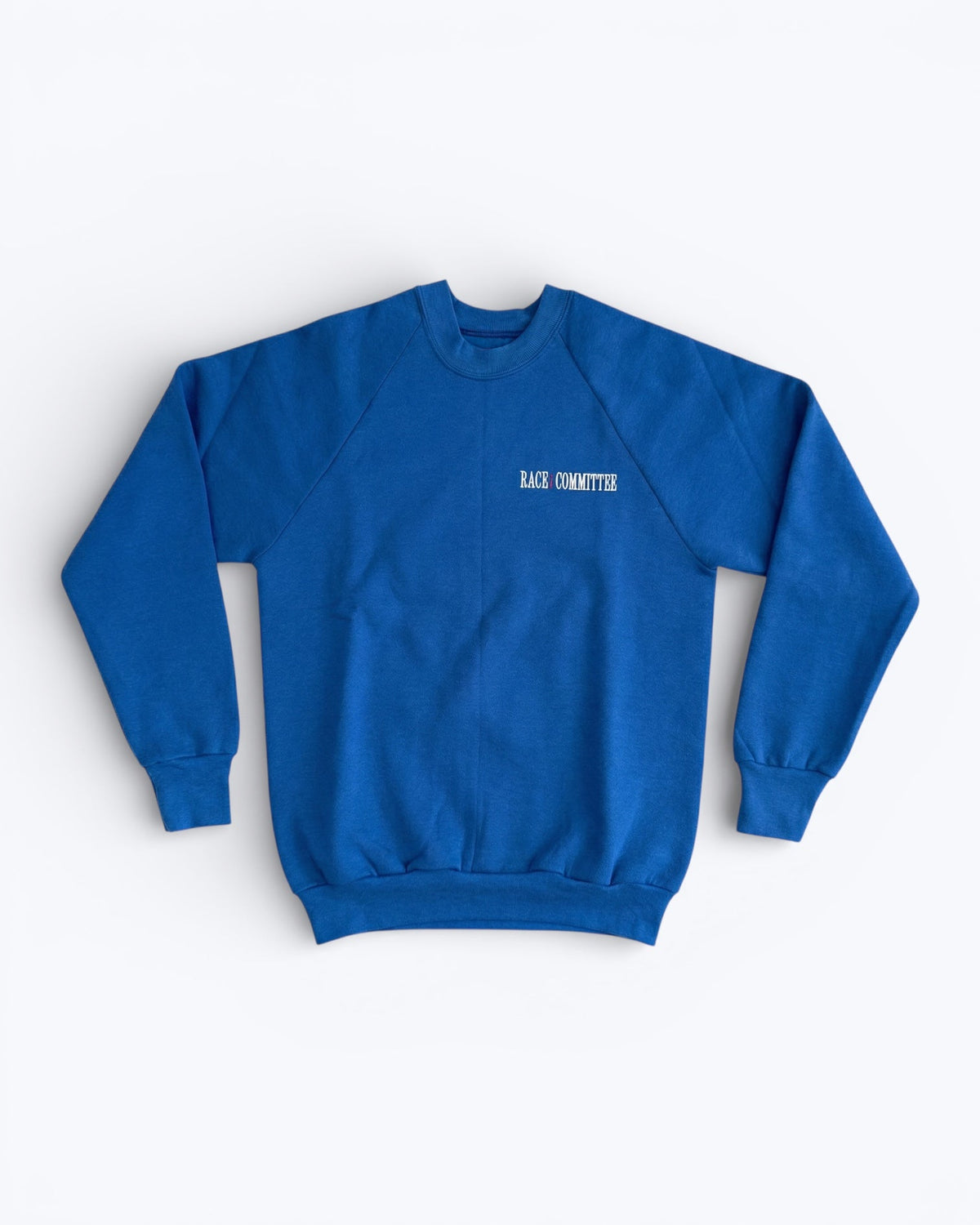 Blue sweatshirt with text on a white background