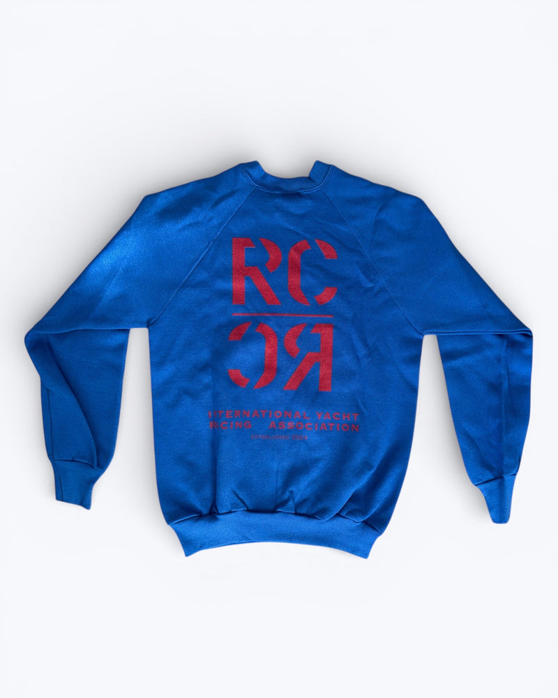 Blue sweatshirt with red text on a white background