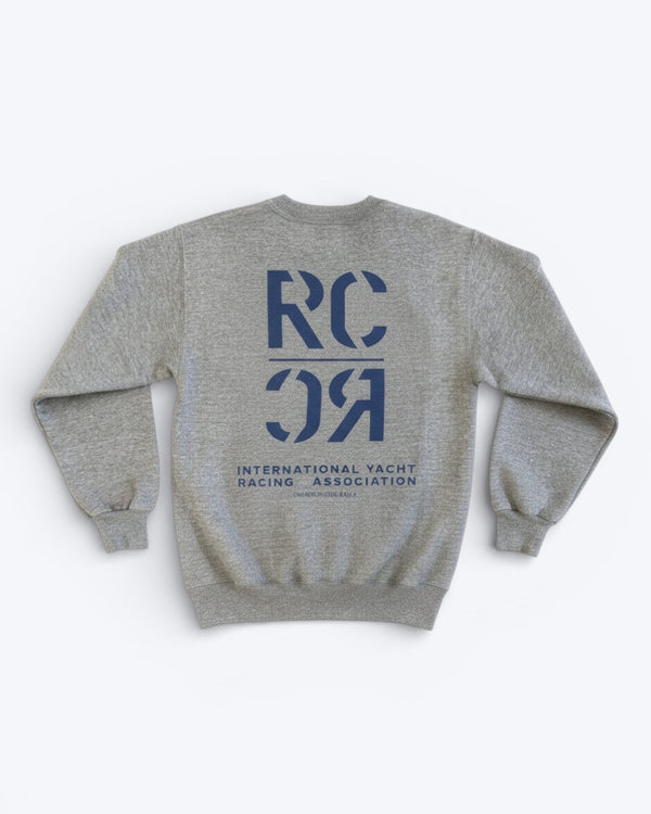 Gray sweatshirt with blue text on the back on a white background