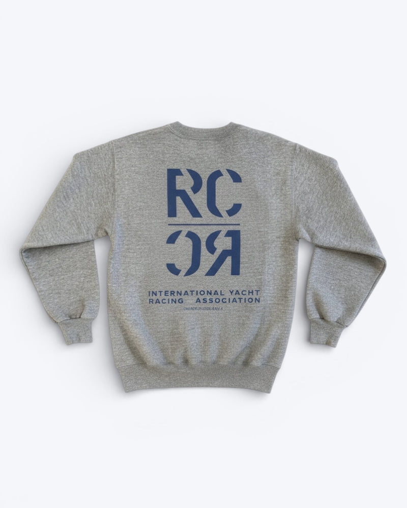 Gray sweatshirt with blue text on the back on a white background