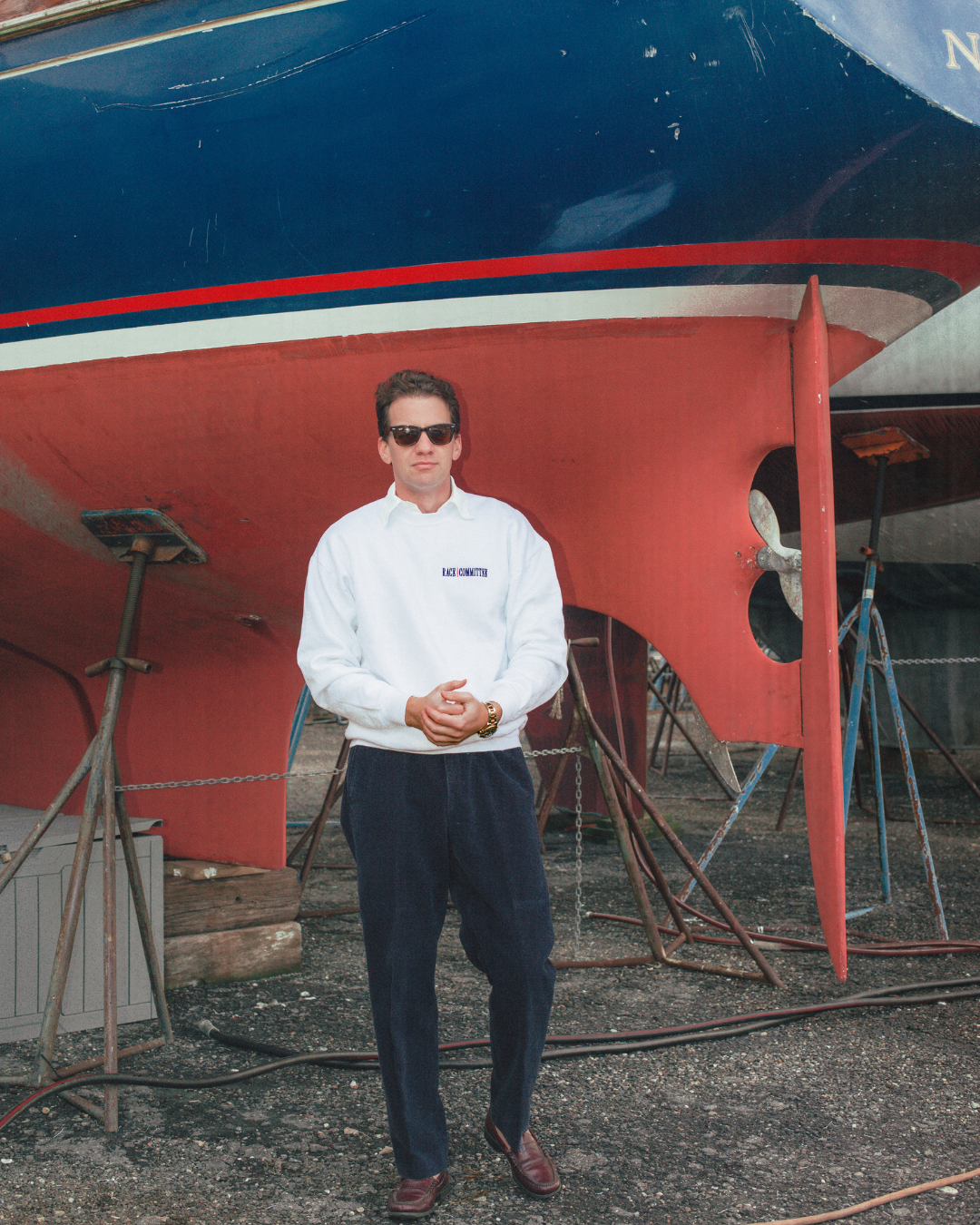 White IYRA sailing crewneck inspired by America’s Cup racing
