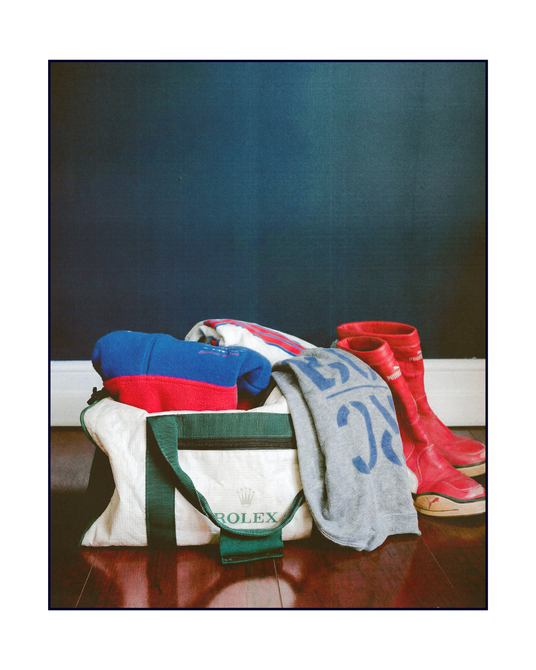 Vintage Rolex bag, vintage puma sailing boots, vintage america's cup fleece, vintage america's cup rugby shirt, 