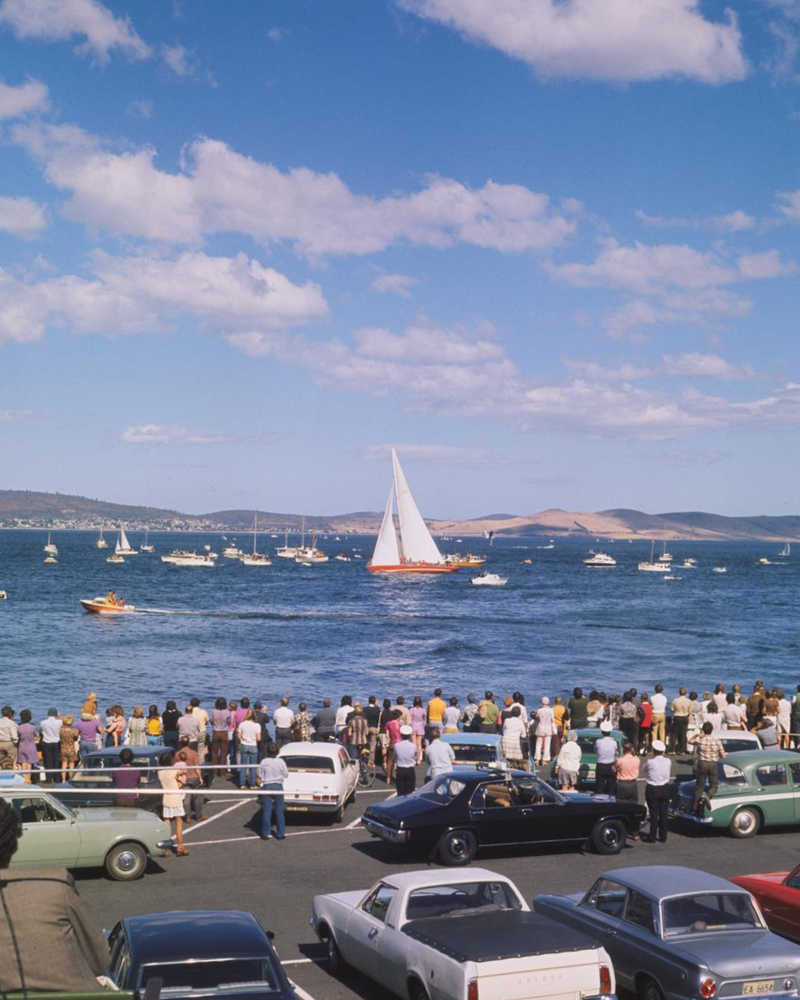 American Eagle skippered by Ted Turner arriving in Hobart during the Sydney Hobart Yacht Race 1970s